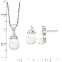 Sterling Silver Rhodium-plated 9-10mm White Button Freshwater Cultured Pearl and CZ and Post Earrings Set, 17" view 5