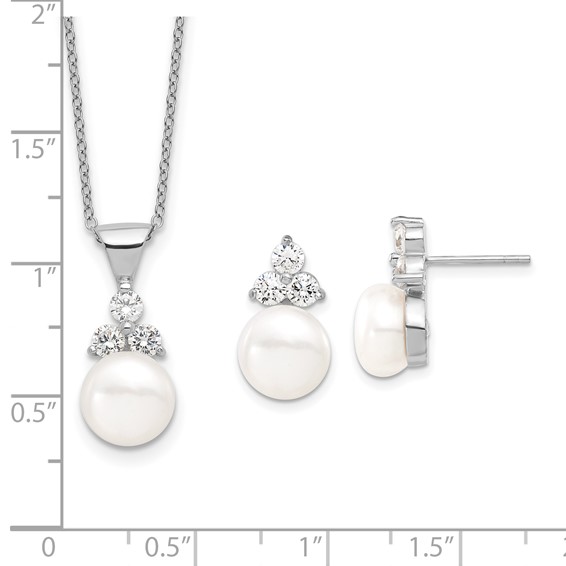 Sterling Silver Rhodium-plated 9-10mm White Button Freshwater Cultured Pearl and CZ 17 inch and Post Earrings Set