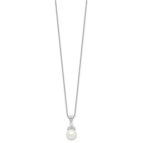 Sterling Silver Rhodium-plated 9-10mm White Button Freshwater Cultured Pearl and CZ 17 inch and Post Earrings Set