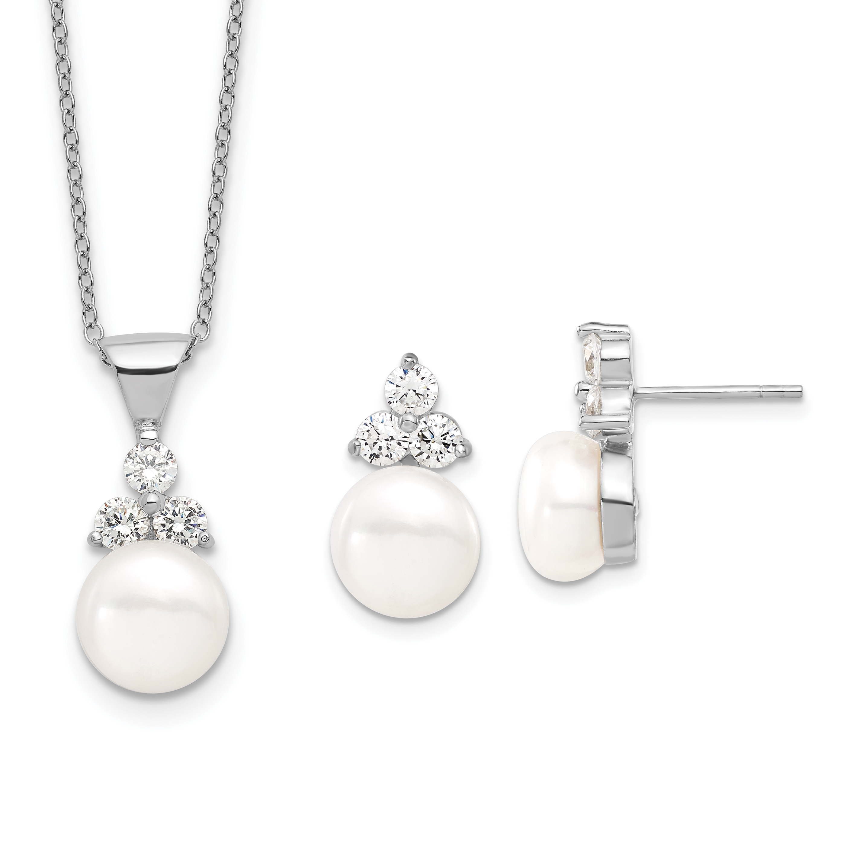 Sterling Silver Rhodium-plated 9-10mm White Button Freshwater Cultured Pearl and CZ 17 inch and Post Earrings Set (QH5374SET)