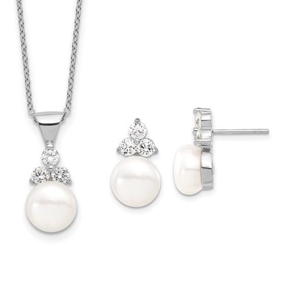 Sterling Silver Rhodium-plated 9-10mm White Button Freshwater Cultured Pearl and CZ 17 inch and Post Earrings Set
