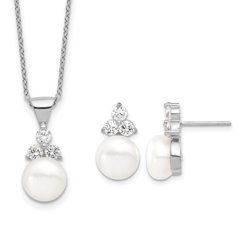 Sterling Silver Rhodium-plated 9-10mm White Button Freshwater Cultured Pearl and CZ and Post Earrings Set, 17"
