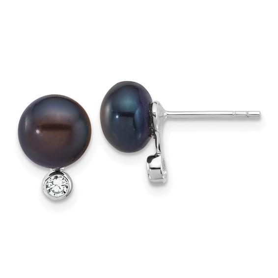 Sterling Silver Rhodium-plated 8-9mm Black Button Freshwater Cultured Pearl and CZ 17 inch Necklace and Post Earrings Set