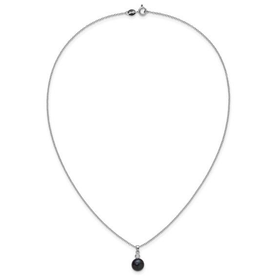 Sterling Silver Rhodium-plated 8-9mm Black Button Freshwater Cultured Pearl and CZ 17 inch Necklace and Post Earrings Set