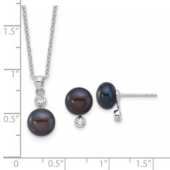 Sterling Silver Rhodium-plated 8-9mm Black Button Freshwater Cultured Pearl and CZ 17 inch Necklace and Post Earrings Set