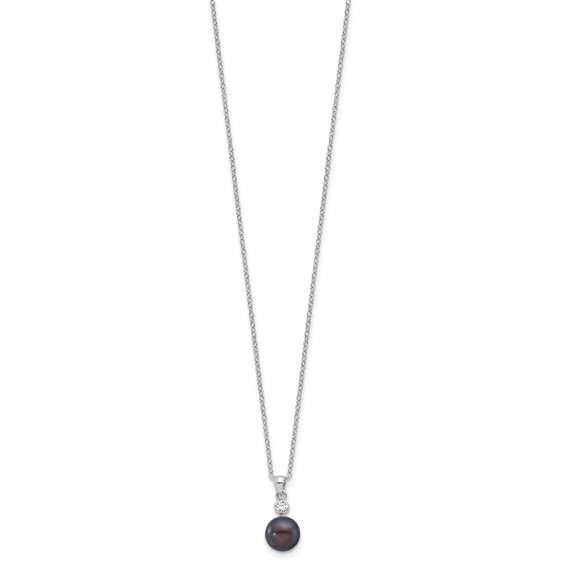 Sterling Silver Rhodium-plated 8-9mm Black Button Freshwater Cultured Pearl and CZ 17 inch Necklace and Post Earrings Set