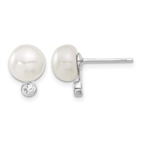 Sterling Silver Rhodium-plated 8-9mm White Button Freshwater Cultured Pearl and CZ Necklace and Post Earrings Set, 17" view 2
