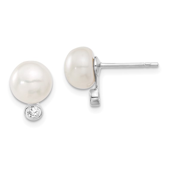 Sterling Silver Rhodium-plated 8-9mm White Button Freshwater Cultured Pearl and CZ 17 inch Necklace and Post Earrings Set