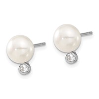 Sterling Silver Rhodium-plated 8-9mm White Button Freshwater Cultured Pearl and CZ Necklace and Post Earrings Set, 17" view 3