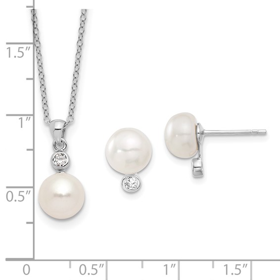 Sterling Silver Rhodium-plated 8-9mm White Button Freshwater Cultured Pearl and CZ 17 inch Necklace and Post Earrings Set