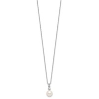 Sterling Silver Rhodium-plated 8-9mm White Button Freshwater Cultured Pearl and CZ Necklace and Post Earrings Set, 17" view 5