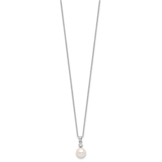 Sterling Silver Rhodium-plated 8-9mm White Button Freshwater Cultured Pearl and CZ 17 inch Necklace and Post Earrings Set