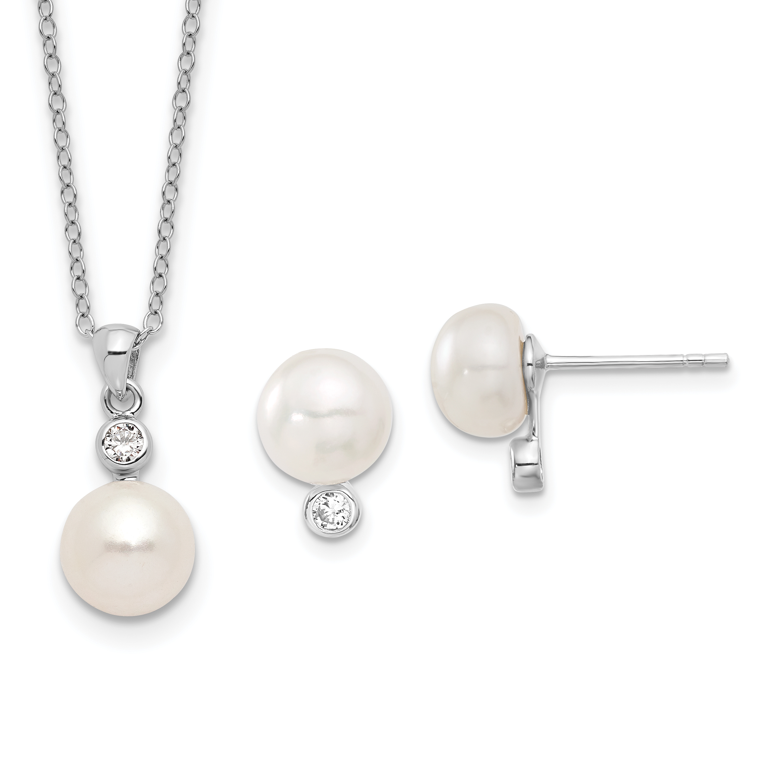Sterling Silver Rhodium-plated 8-9mm White Button Freshwater Cultured Pearl and CZ 17 inch Necklace and Post Earrings Set (QH5375SET)
