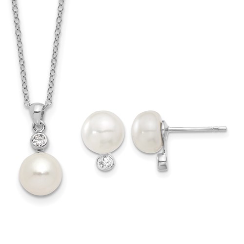 Sterling Silver Rhodium-plated 8-9mm White Button Freshwater Cultured Pearl and CZ Necklace and Post Earrings Set, 17"