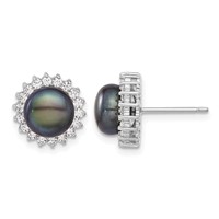 Sterling Silver Rhodium-plated 8-9mm Black Button Freshwater Cultured Pearl and CZ Necklace and Post Earrings Set, 17" view 2