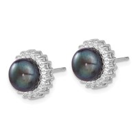 Sterling Silver Rhodium-plated 8-9mm Black Button Freshwater Cultured Pearl and CZ Necklace and Post Earrings Set, 17" view 3
