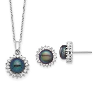 Sterling Silver Rhodium-plated 8-9mm Black Button Freshwater Cultured Pearl and CZ 17 inch Necklace and Post Earrings Set