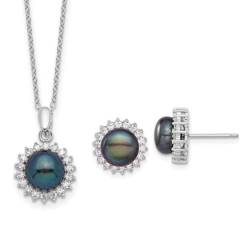 Sterling Silver Rhodium-plated 8-9mm Black Button Freshwater Cultured Pearl and CZ Necklace and Post Earrings Set, 17"