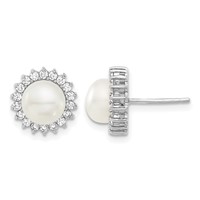Sterling Silver Rhodium-plated 8-9mm White Button Freshwater Cultured Pearl and CZ Halo Necklace and Post Earrings Set, 17" view 2