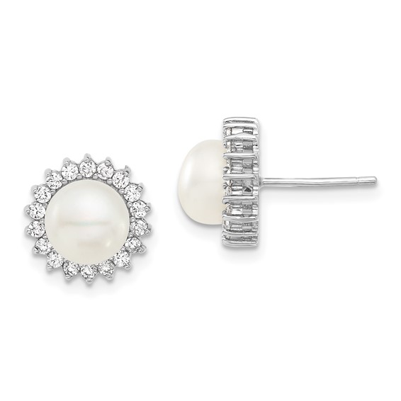 Sterling Silver Rhodium-plated 8-9mm White Button Freshwater Cultured Pearl and CZ 17 inch Necklace and Post Earrings Set