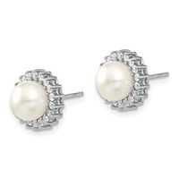 Sterling Silver Rhodium-plated 8-9mm White Button Freshwater Cultured Pearl and CZ Halo Necklace and Post Earrings Set, 17" view 3
