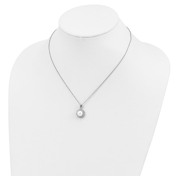 Sterling Silver Rhodium-plated 8-9mm White Button Freshwater Cultured Pearl and CZ 17 inch Necklace and Post Earrings Set