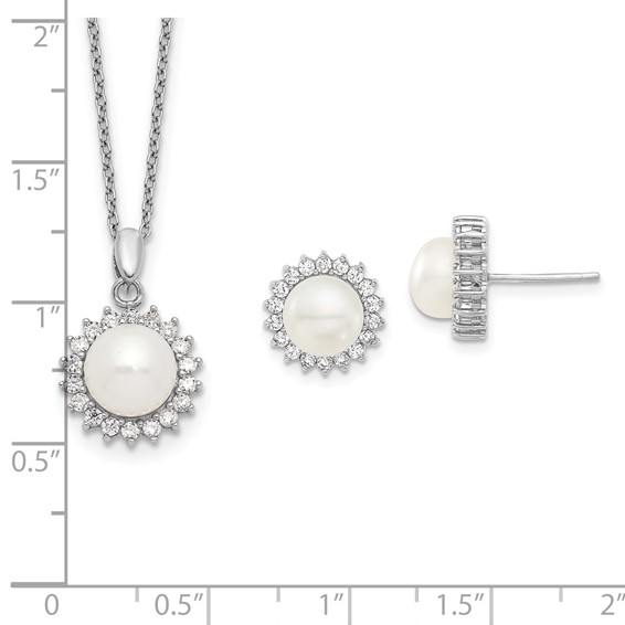 Sterling Silver Rhodium-plated 8-9mm White Button Freshwater Cultured Pearl and CZ 17 inch Necklace and Post Earrings Set