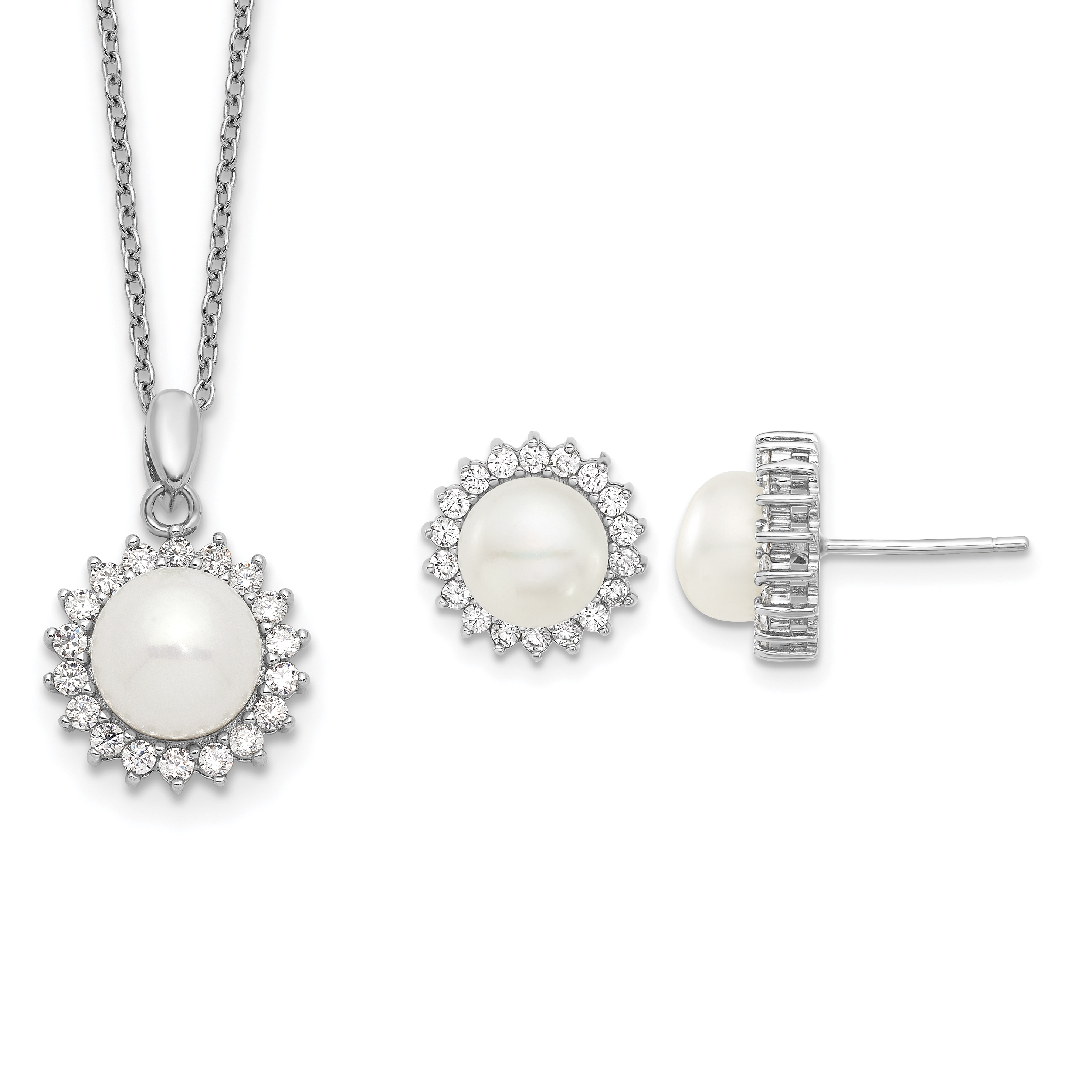 Sterling Silver Rhodium-plated 8-9mm White Button Freshwater Cultured Pearl and CZ 17 inch Necklace and Post Earrings Set (QH5377SET)