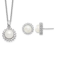 Sterling Silver Rhodium-plated 8-9mm White Button Freshwater Cultured Pearl and CZ Halo Necklace and Post Earrings Set, 17" view 1