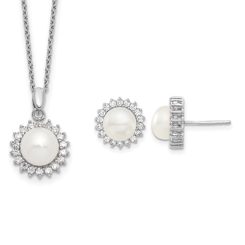 Sterling Silver Rhodium-plated 8-9mm White Button Freshwater Cultured Pearl and CZ Halo Necklace and Post Earrings Set, 17"