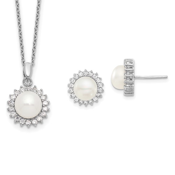 Sterling Silver Rhodium-plated 8-9mm White Button Freshwater Cultured Pearl and CZ 17 inch Necklace and Post Earrings Set
