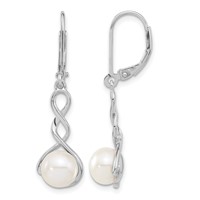 Sterling Silver Rhodium-plated 8-9mm White Button Freshwater Cultured Pearl Necklace and Leverback Dangle Earrings Set, 17" view 2