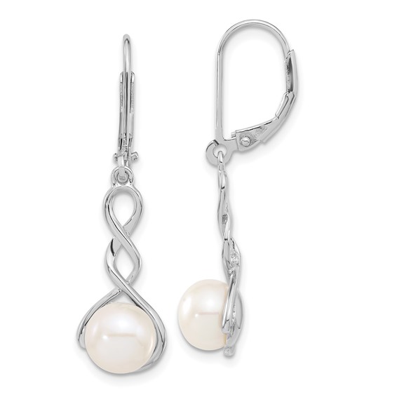 Sterling Silver Rhodium-plated 8-9mm White Button Freshwater Cultured Pearl 17 inch Necklace and Leverback Dangle Earrings Set