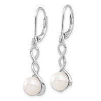 Sterling Silver Rhodium-plated 8-9mm White Button Freshwater Cultured Pearl Necklace and Leverback Dangle Earrings Set, 17" view 3