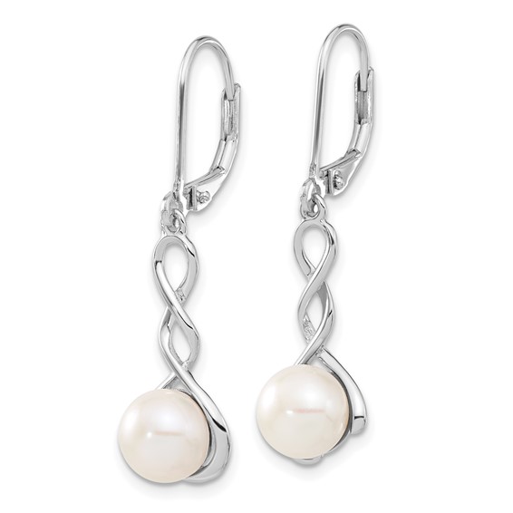 Sterling Silver Rhodium-plated 8-9mm White Button Freshwater Cultured Pearl 17 inch Necklace and Leverback Dangle Earrings Set