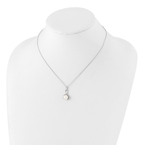 Sterling Silver Rhodium-plated 8-9mm White Button Freshwater Cultured Pearl 17 inch Necklace and Leverback Dangle Earrings Set