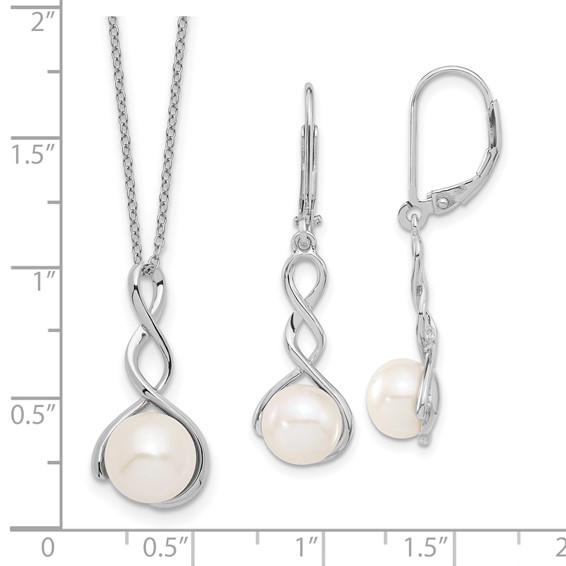 Sterling Silver Rhodium-plated 8-9mm White Button Freshwater Cultured Pearl 17 inch Necklace and Leverback Dangle Earrings Set