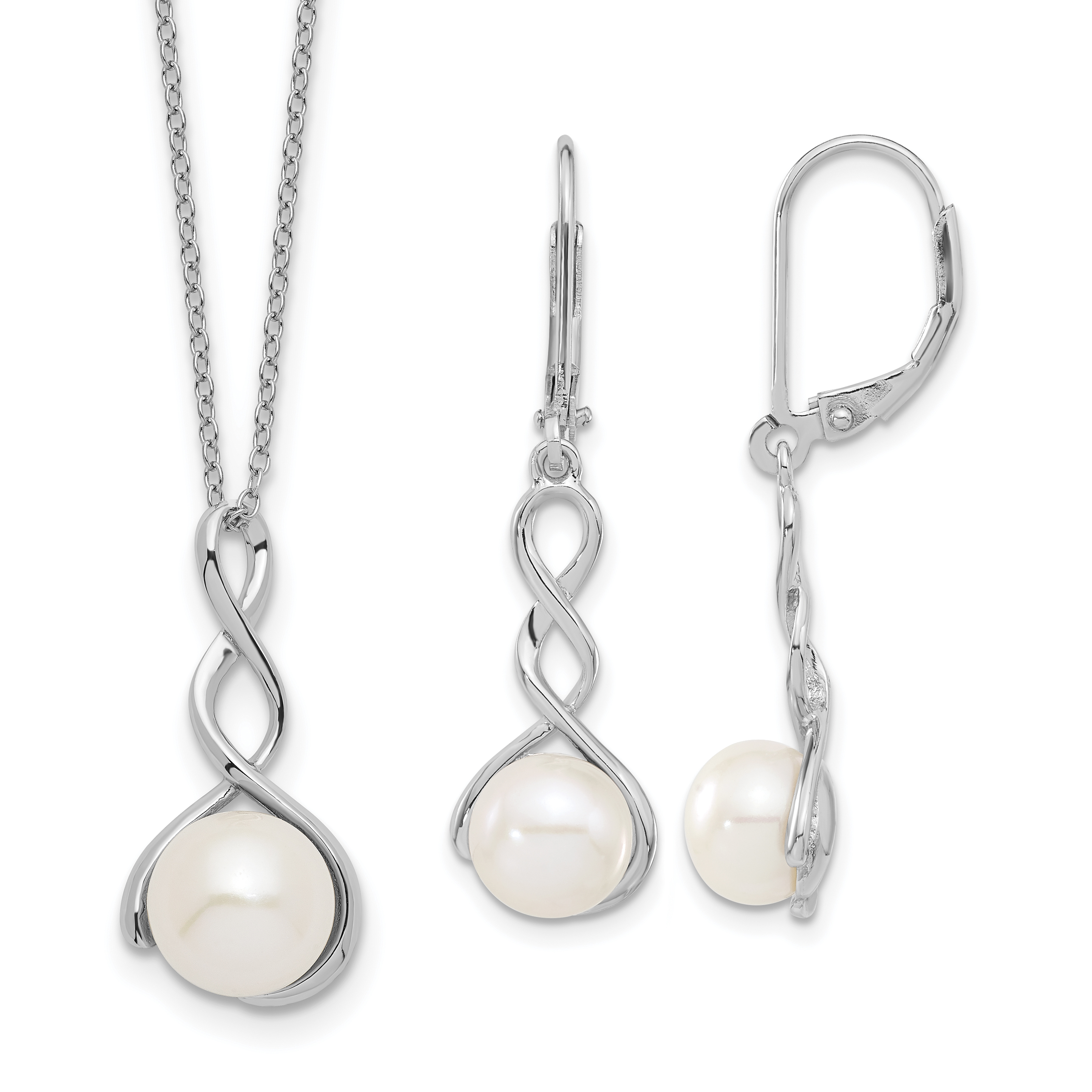 Sterling Silver Rhodium-plated 8-9mm White Button Freshwater Cultured Pearl 17 inch Necklace and Leverback Dangle Earrings Set (QH5379SET)