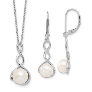 Sterling Silver Rhodium-plated 8-9mm White Button Freshwater Cultured Pearl 17 inch Necklace and Leverback Dangle Earrings Set