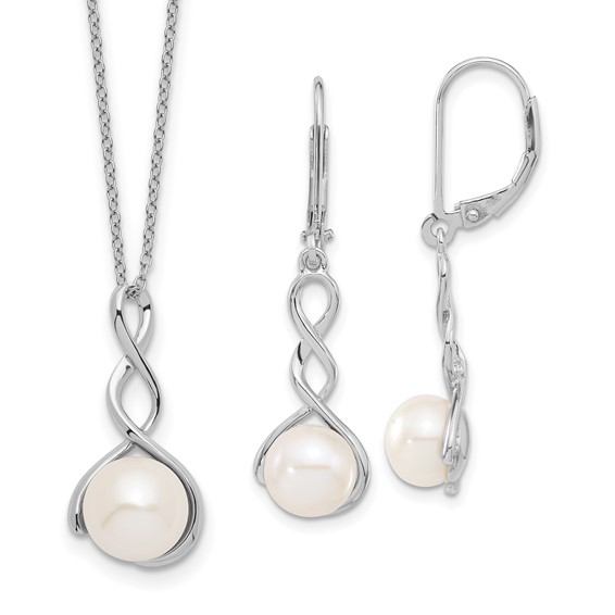 Sterling Silver Rhodium-plated 8-9mm White Button Freshwater Cultured Pearl 17 inch Necklace and Leverback Dangle Earrings Set