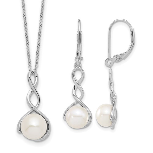 Sterling Silver Rhodium-plated 8-9mm White Button Freshwater Cultured Pearl Necklace and Leverback Dangle Earrings Set, 17"