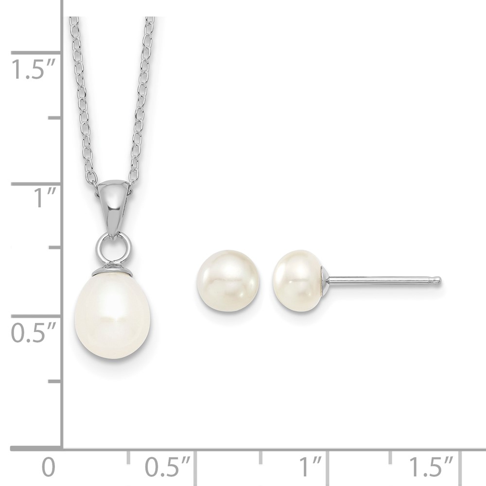 Sterling Silver Rhodium-plated 6-7mm White Teardrop Freshwater Cultured Pearl 17 inch Necklace and Button Post Earrings Set (QH5382SET)