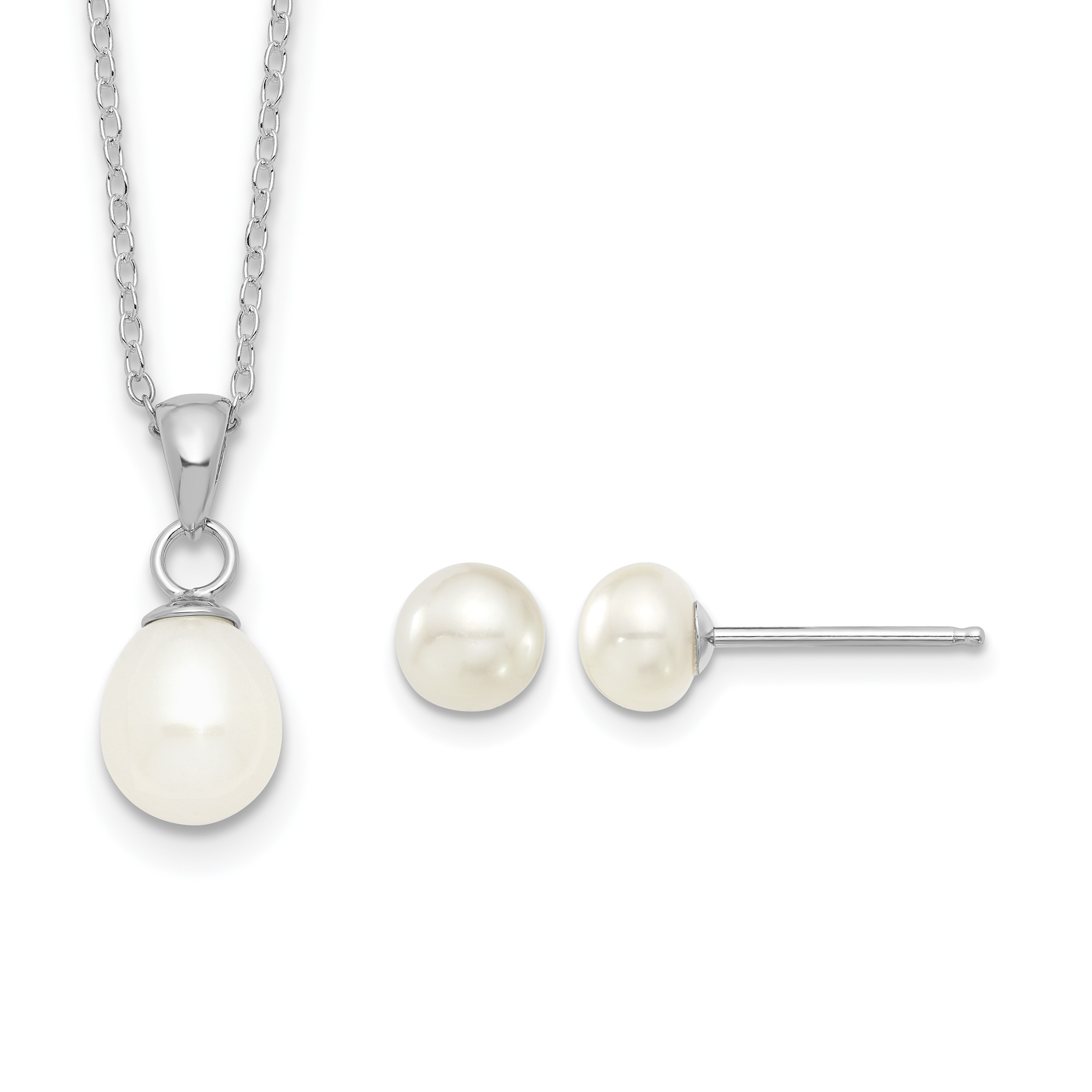 Sterling Silver Rhodium-plated 6-7mm White Teardrop Freshwater Cultured Pearl 17 inch Necklace and Button Post Earrings Set (QH5382SET)