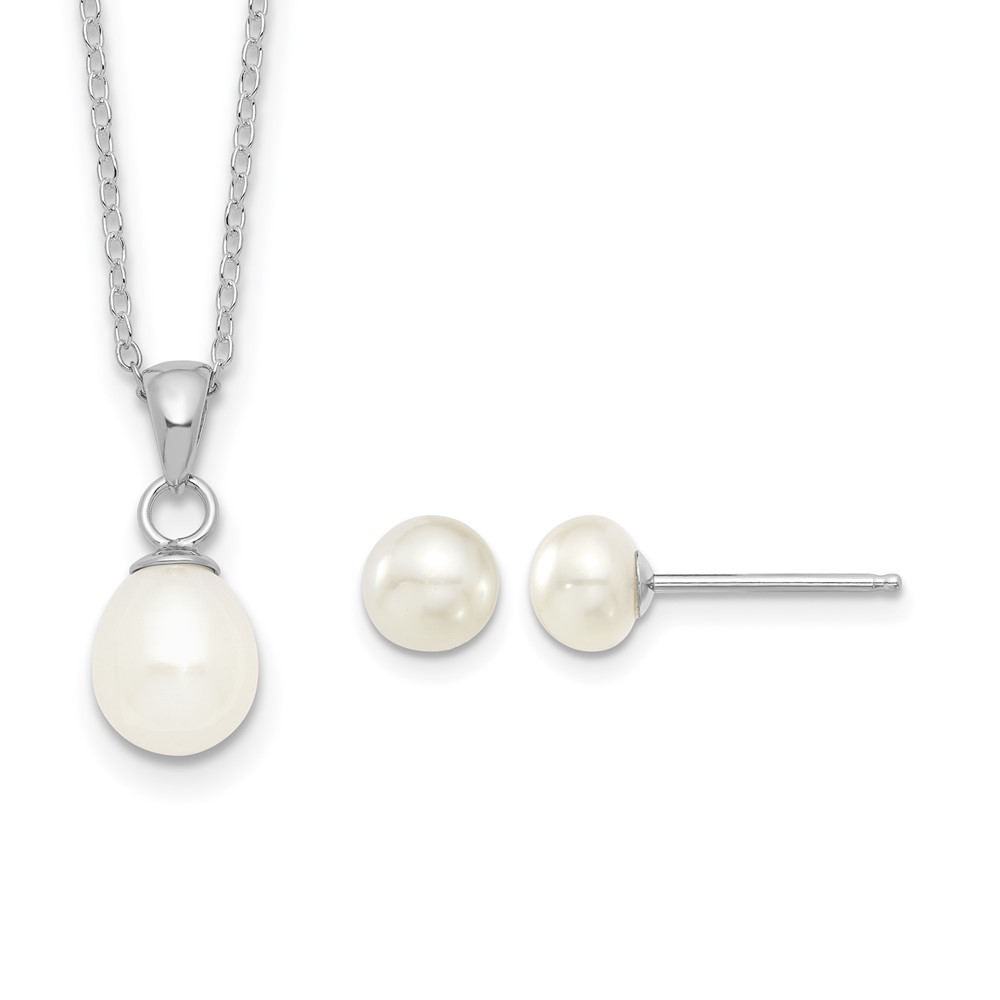Sterling Silver Rhodium-plated 6-7mm White Teardrop Freshwater Cultured Pearl 17 inch Necklace and Button Post Earrings Set (QH5382SET)