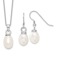 Sterling Silver Rhodium-plated 10-11mm White Teardrop Freshwater Cultured Pearl Necklace and Dangle Earrings Set, 17" view 1