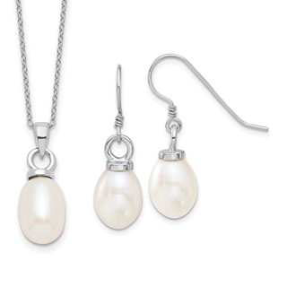 Sterling Silver Rhodium-plated 10-11mm White Teardrop Freshwater Cultured Pearl 17 inch Necklace and Dangle Earrings Set