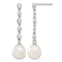 Sterling Silver Rhodium-plated 8-9mm White Teardrop Freshwater Cultured Pearl and CZ Necklace and Post Dangle Earrings Set, 17" view 2