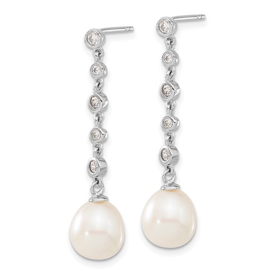 Sterling Silver Rhodium-plated 8-9mm White Teardrop Freshwater Cultured Pearl and CZ 17 inch Necklace and Post Dangle Earrings Set