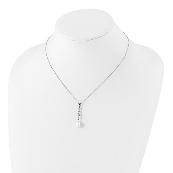 Sterling Silver Rhodium-plated 8-9mm White Teardrop Freshwater Cultured Pearl and CZ 17 inch Necklace and Post Dangle Earrings Set