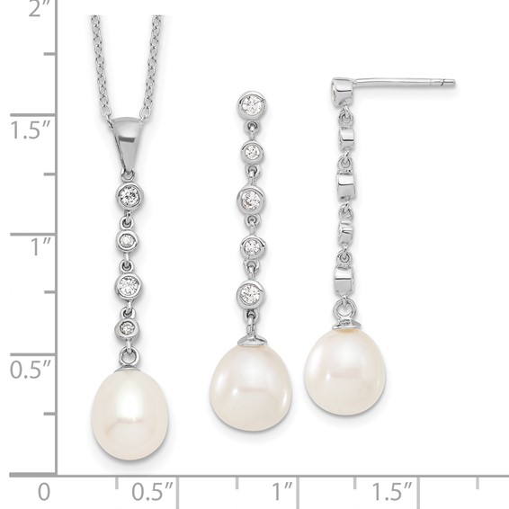 Sterling Silver Rhodium-plated 8-9mm White Teardrop Freshwater Cultured Pearl and CZ 17 inch Necklace and Post Dangle Earrings Set